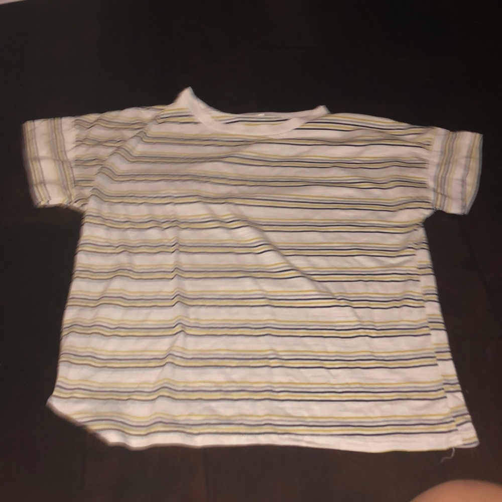 white yellow and blue striped tee